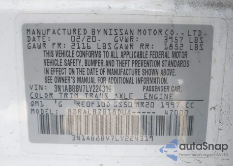 2020 Nissan Sentra S Xtronic Cvt из США, поврежденный, VIN 3N1AB8BV7LY224319